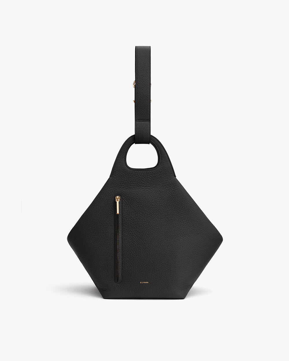 Hexagonal handbag with a top handle and front zipper pocket.