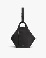 Hexagonal handbag with a top handle and front zipper pocket.