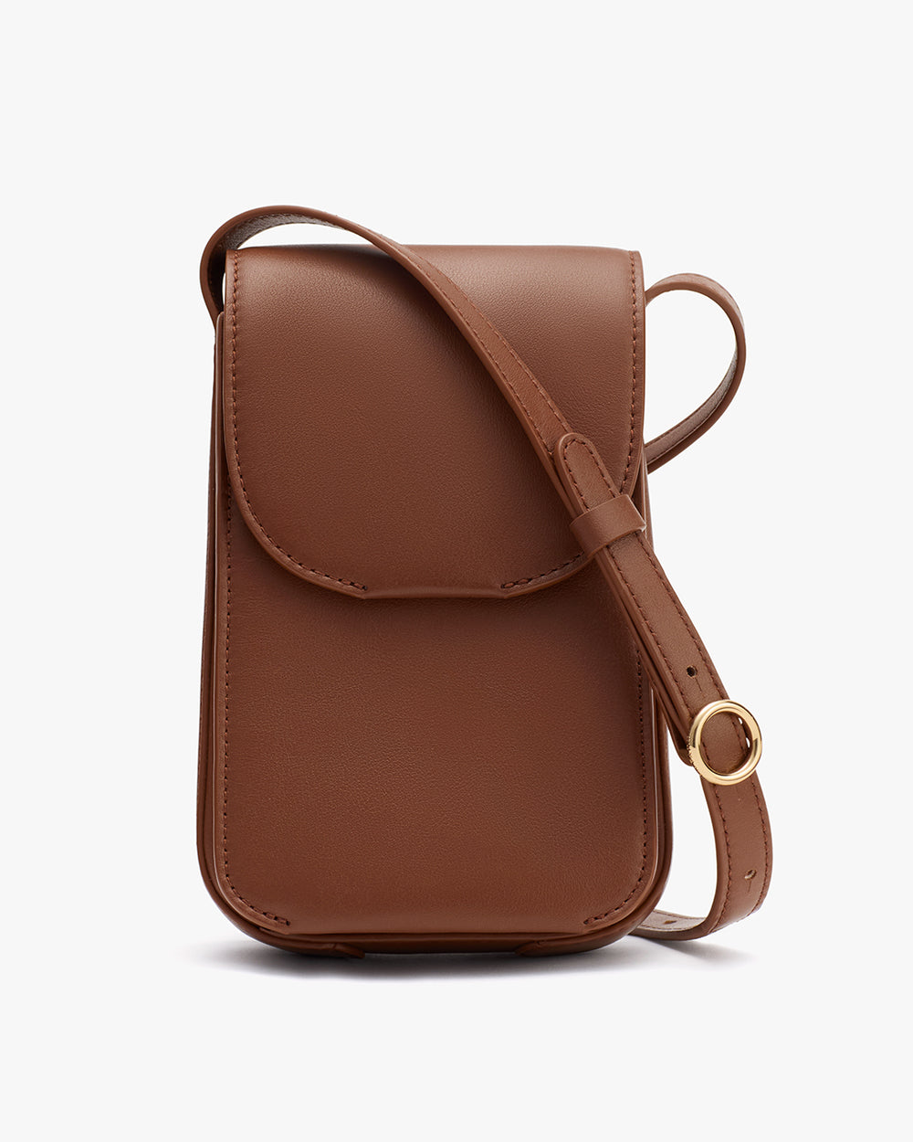 Crossbody phone bag with a buckle strap.