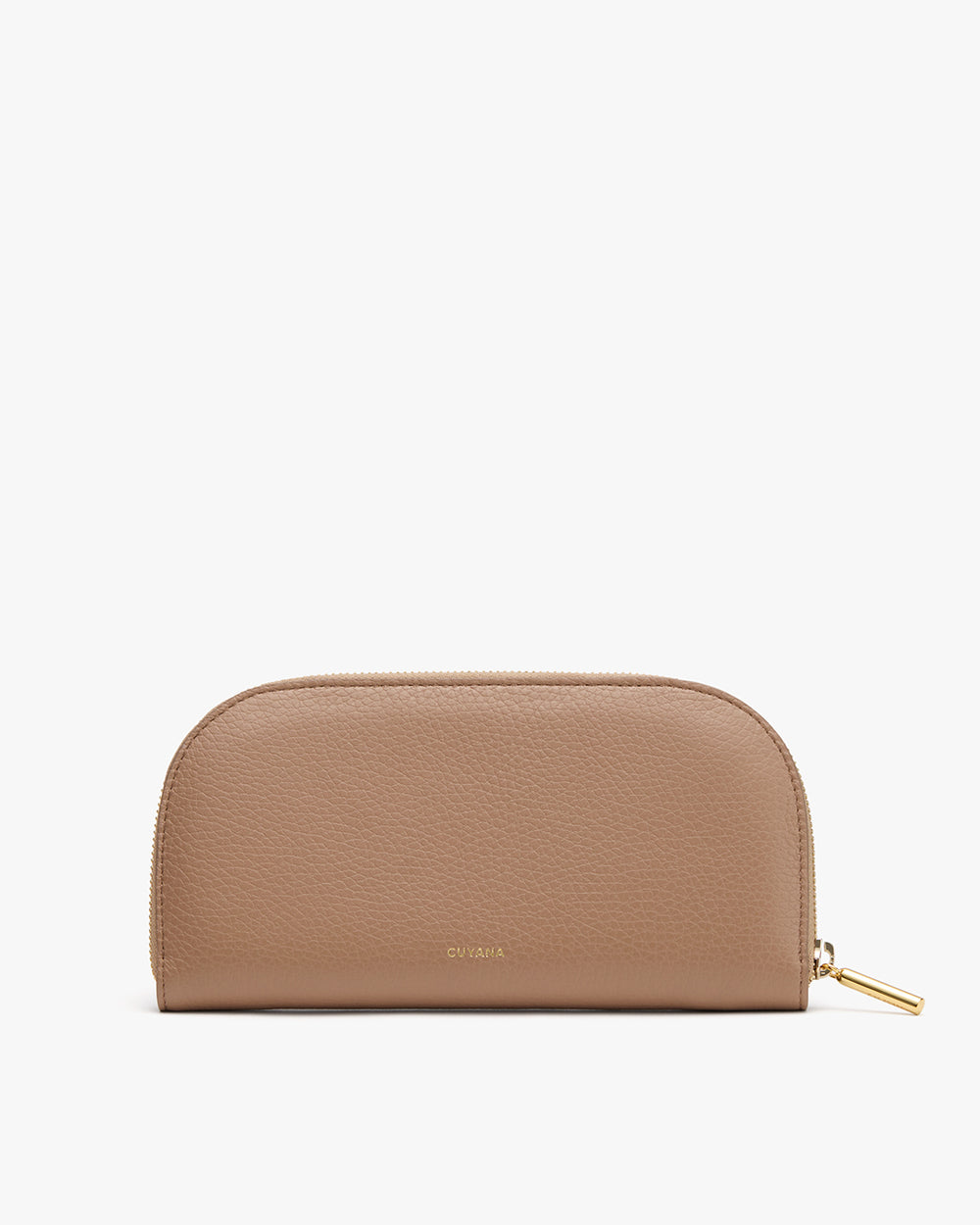 A minimalist, half-circle clutch with a zipper closure.