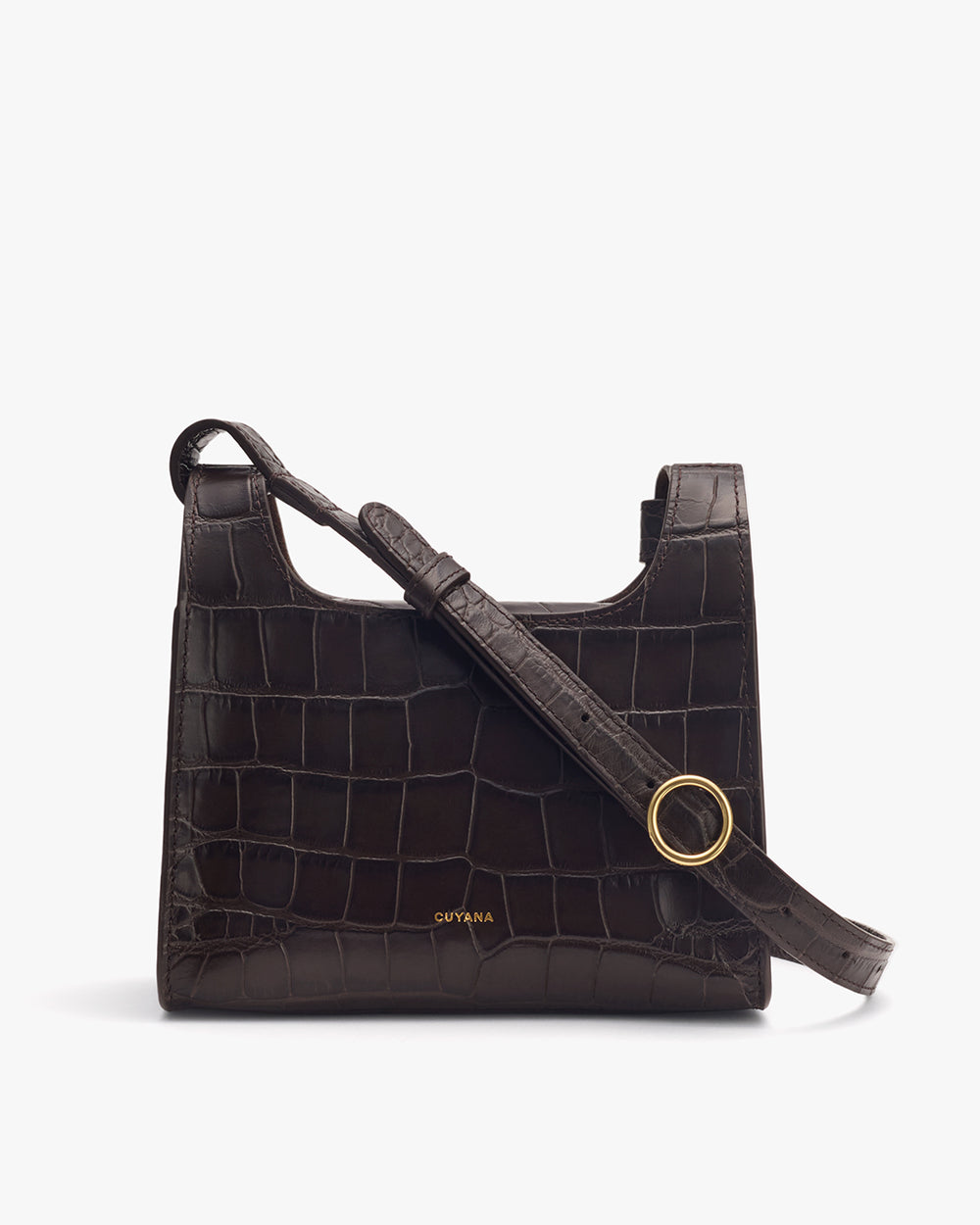 Structured handbag with croc-embossed leather and a shoulder strap.