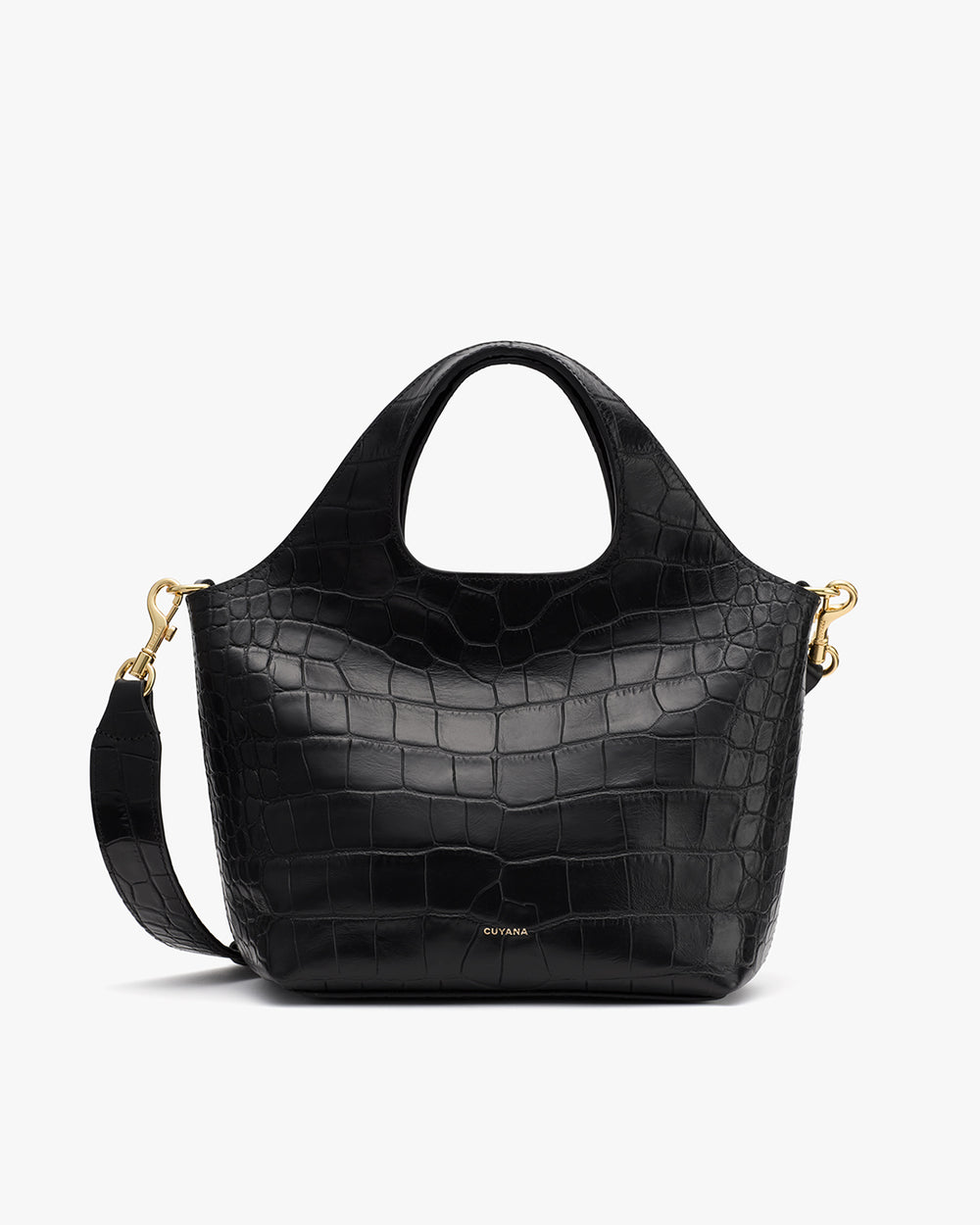 Handbag made of croc-embossed leather with gold hardware.