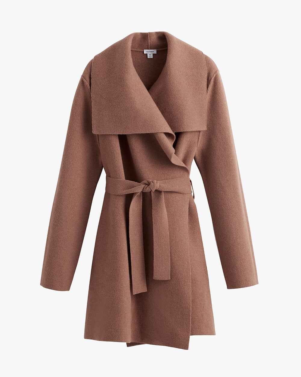 Long wrap sweater coat with a wide collar and tie belt.