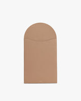 Rectangular leather laptop sleeve with a curved flap closure.