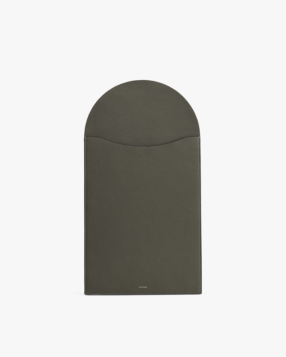 Rectangular leather laptop sleeve with a curved flap closure.