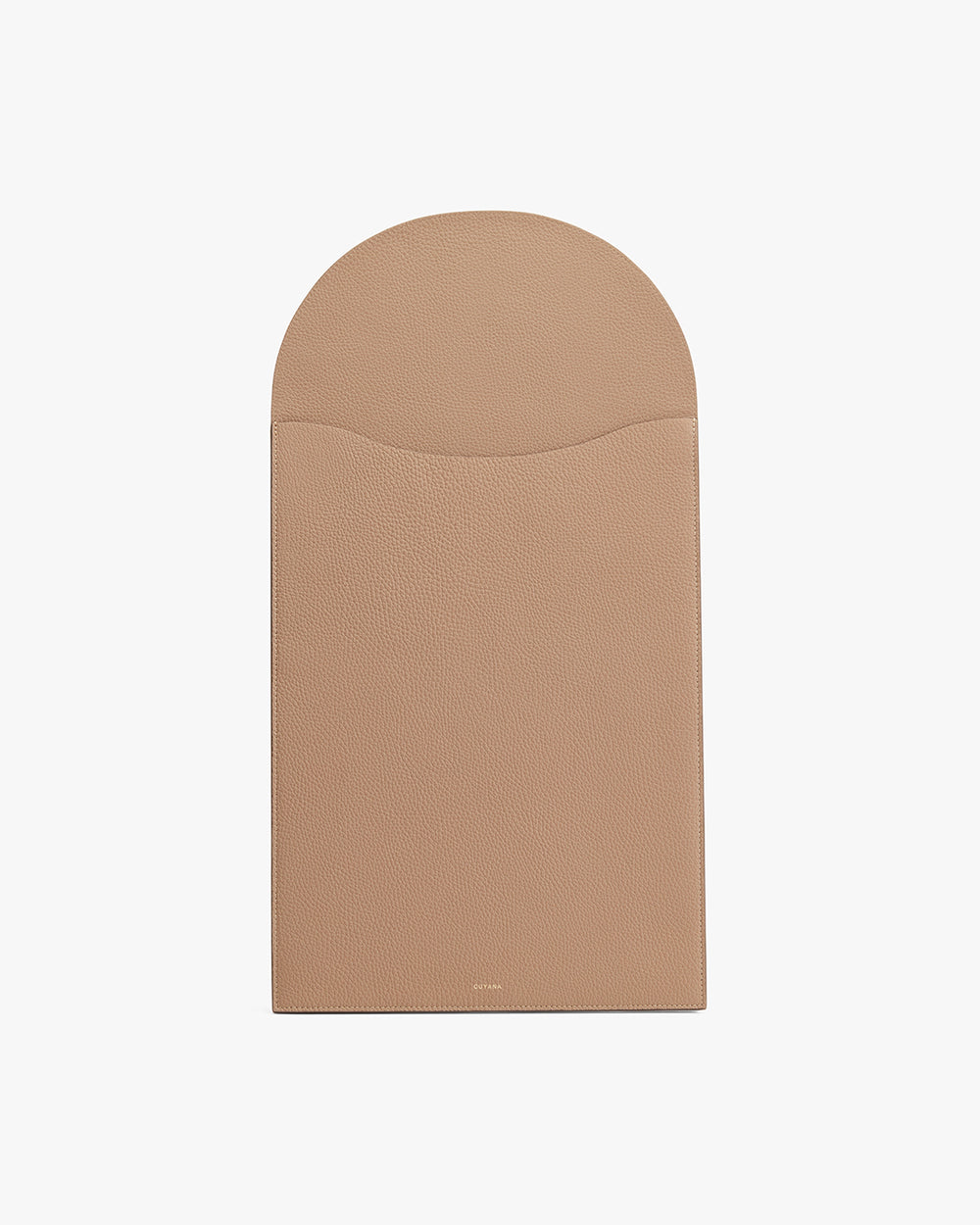 Rectangular leather laptop sleeve with a curved flap closure.