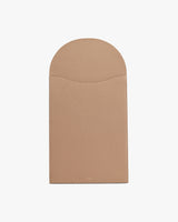 Rectangular leather laptop sleeve with a curved flap closure.