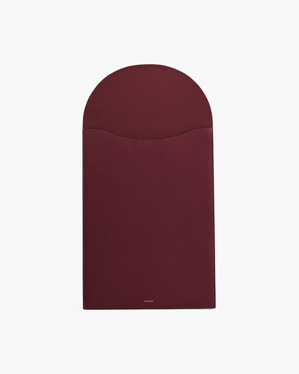 Rectangular leather laptop sleeve with a curved flap closure.