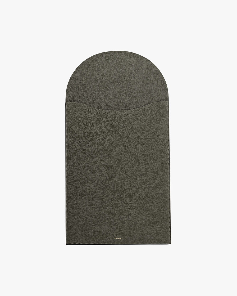 Rectangular leather laptop sleeve with a curved flap closure.