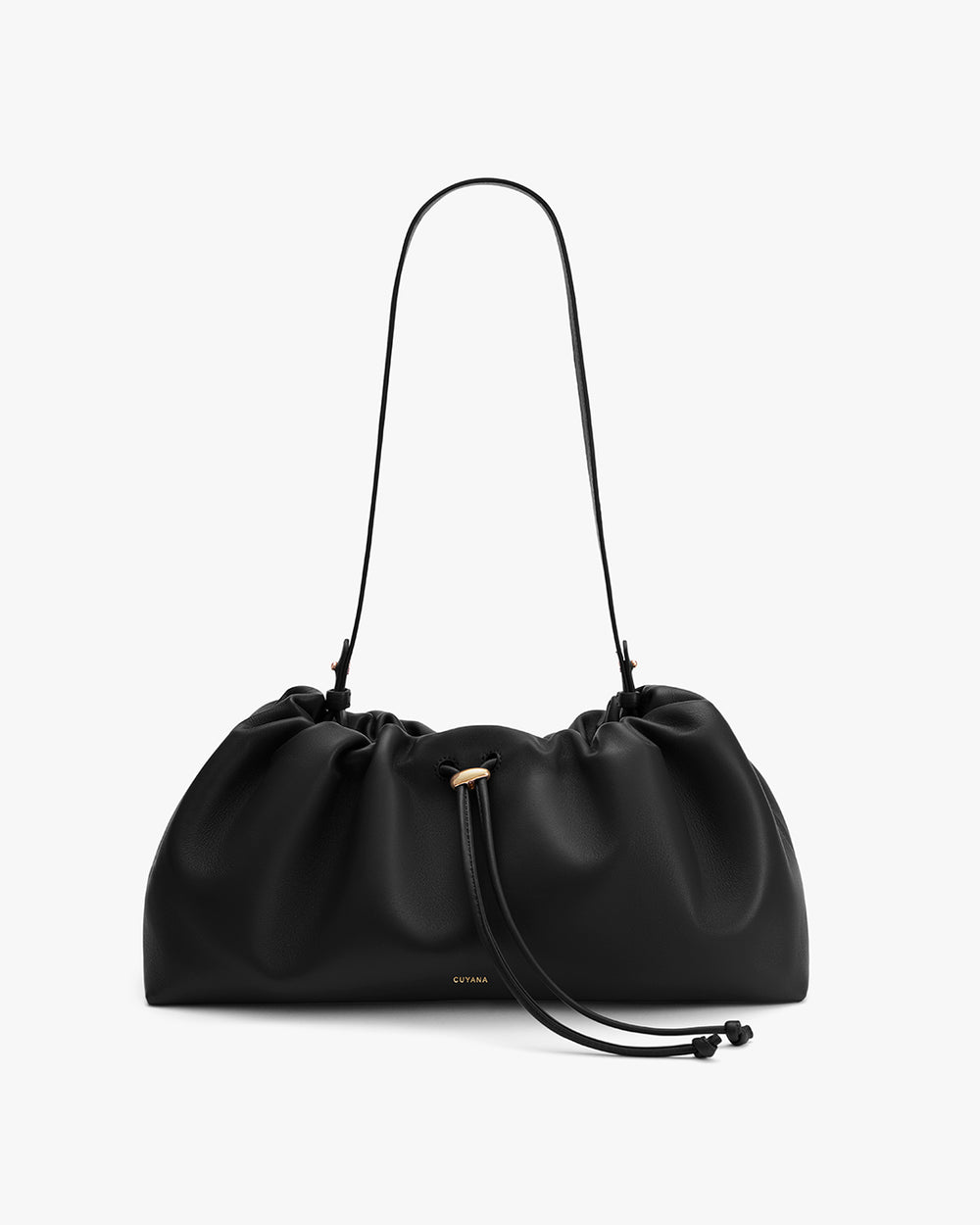 Shoulder bag with a gathered design and adjustable strap.
