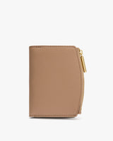 Small leather wallet with zipper on the right side.