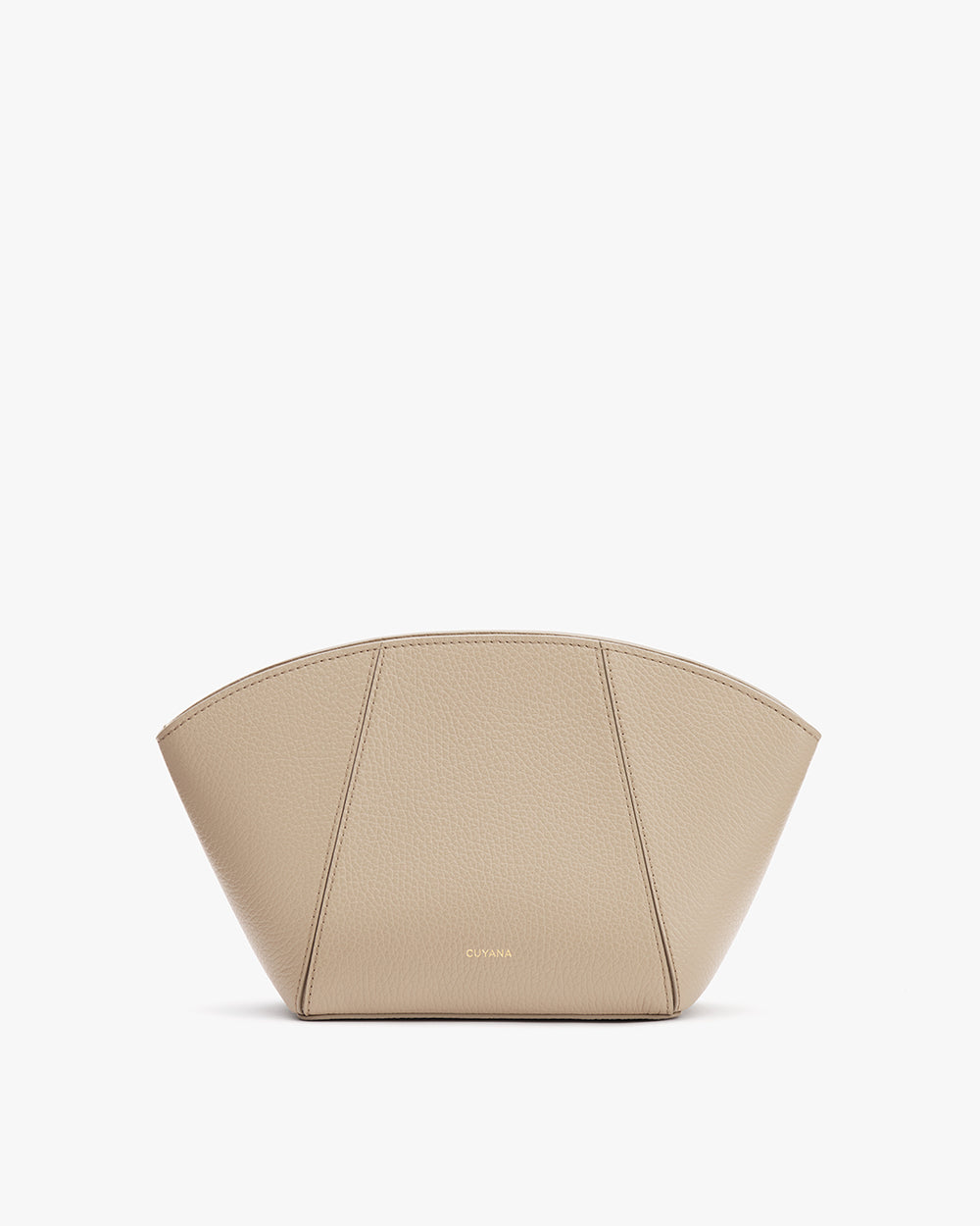 Semi-circular pouch with a structured design and a small logo at the bottom center