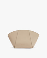 Semi-circular pouch with a structured design and a small logo at the bottom center