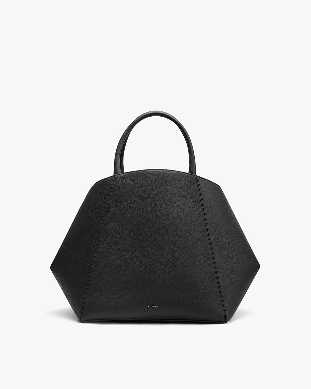 Geometric-shaped handbag with round handles.