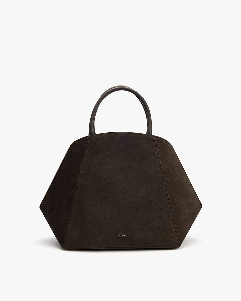 Geometric handbag with short handles on a plain background