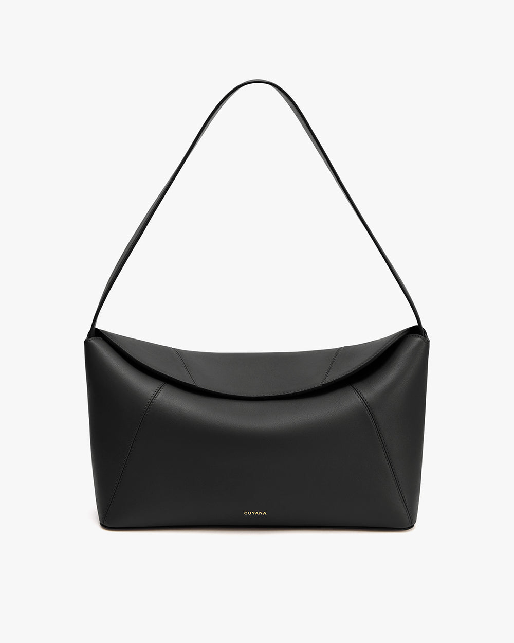 A handbag with a curved shape and single strap.
