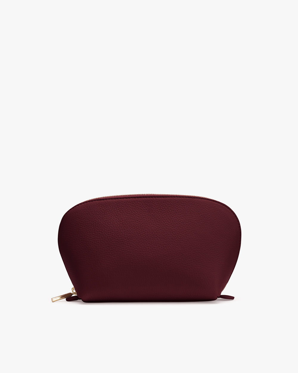 Semi-circular pouch with a zipper on a plain background.