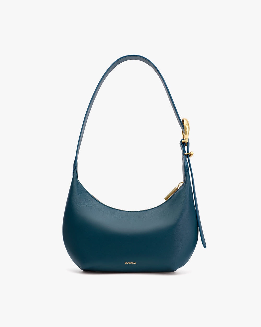 Shoulder handbag with a curved design and a buckle on the strap.