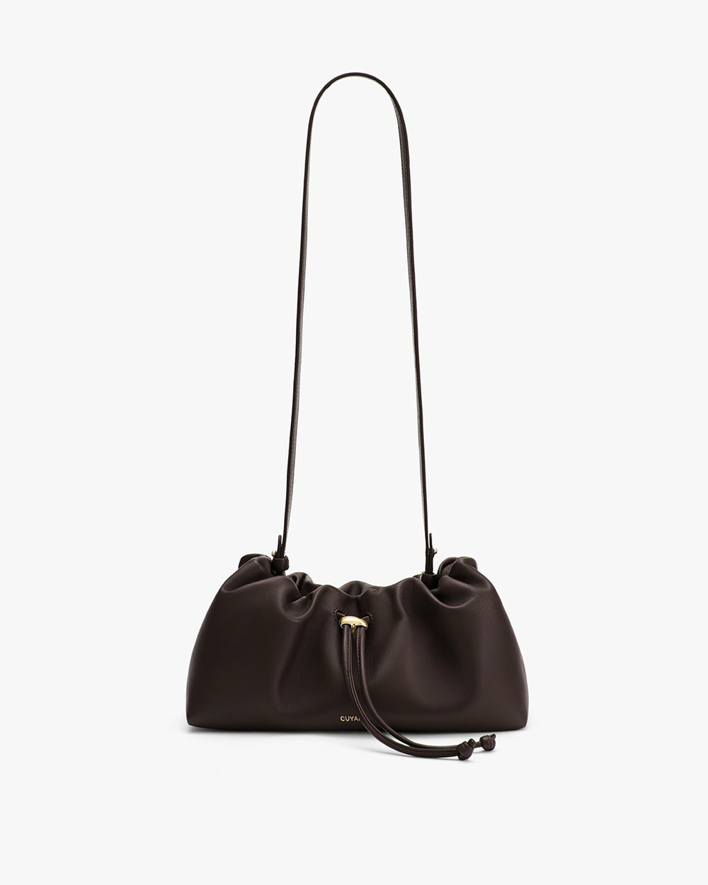 A handbag with a long strap and gathered top design.