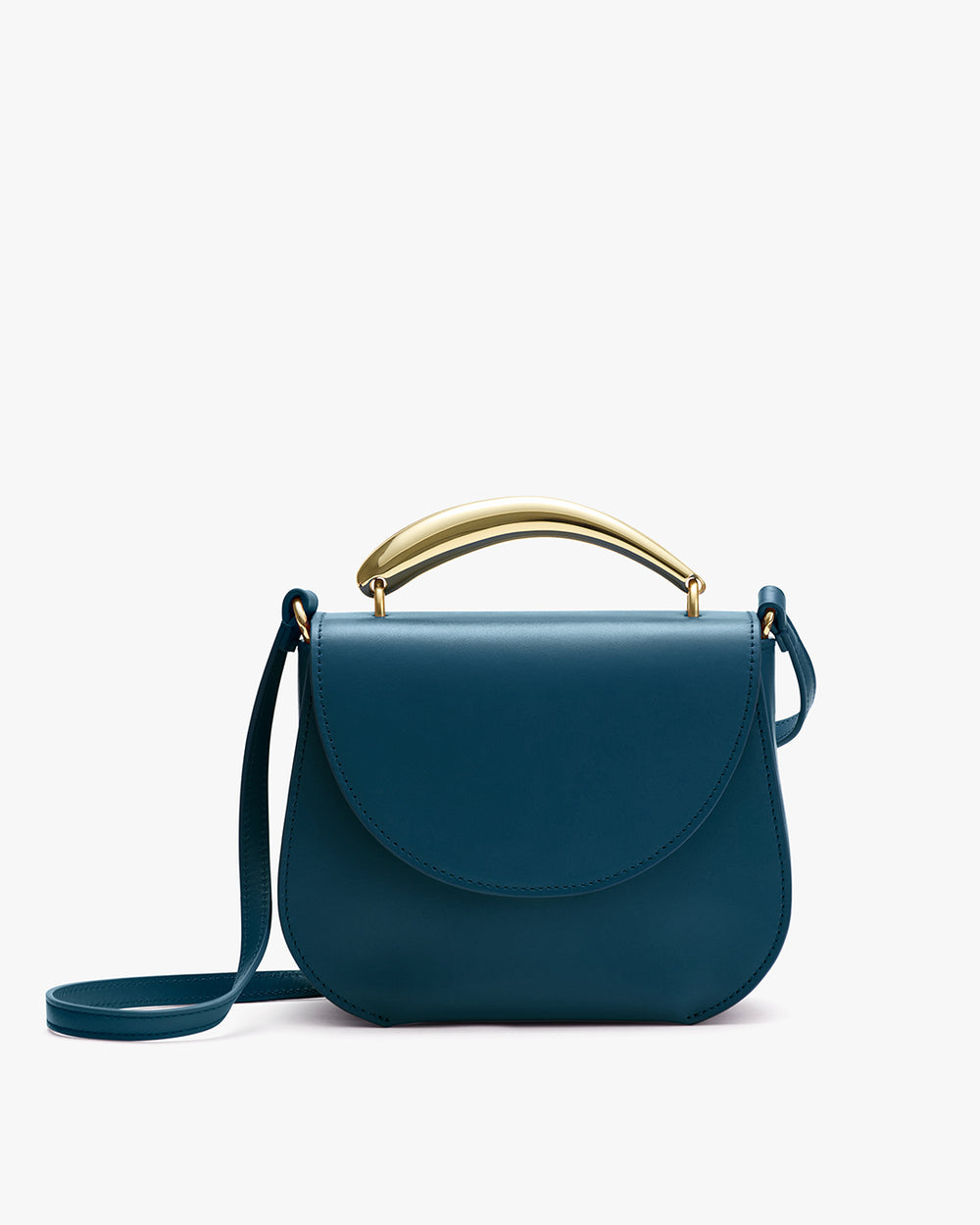 Handbag with curved handle and shoulder strap.