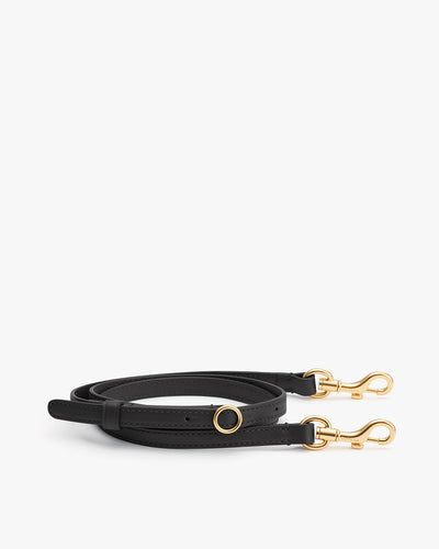 Leather strap with metal clasps and a ring detail.