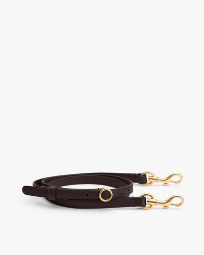 Leather strap with gold clasps and circular metal detail.