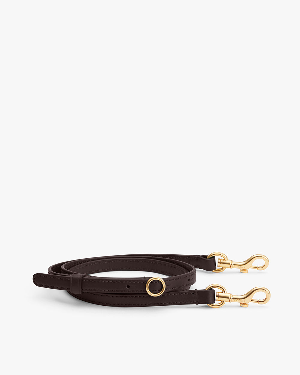 Leather strap with gold clasps and circular metal detail.