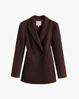 A tailored double-breasted blazer with pockets.