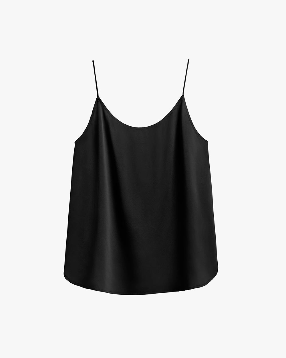 Sleeveless top with thin straps and a round neckline.