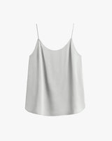 Sleeveless top with thin straps and draped neckline.