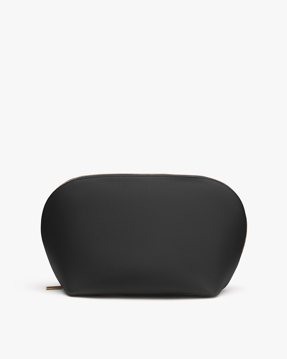 Rounded zippered pouch with minimal design.