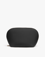 Rounded zippered pouch with minimal design.