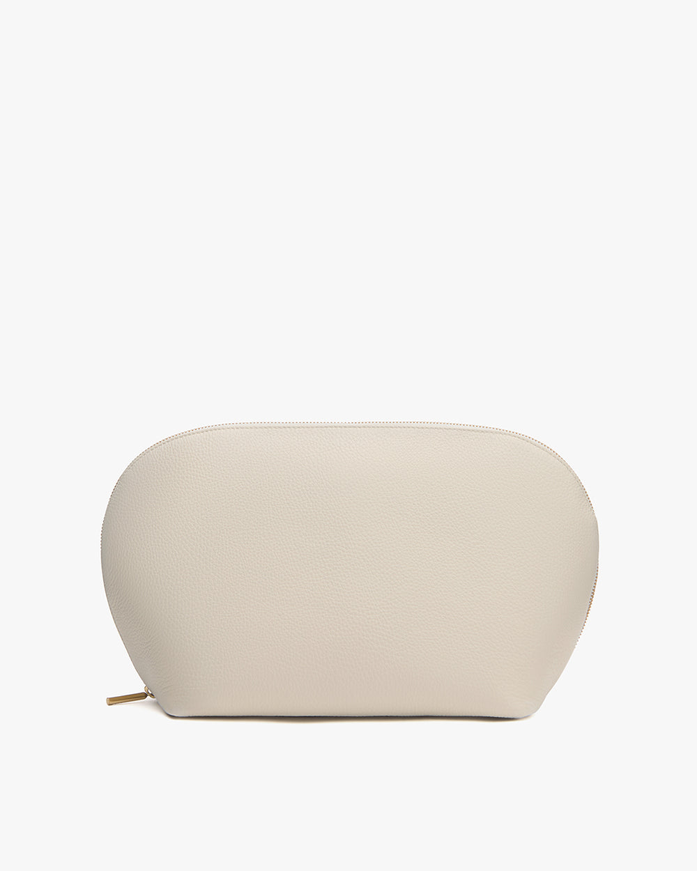 Rounded zippered pouch with minimal design.