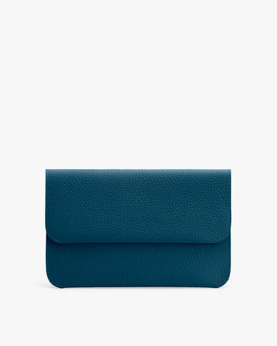 Rectangular leather clutch with a simple flap design.