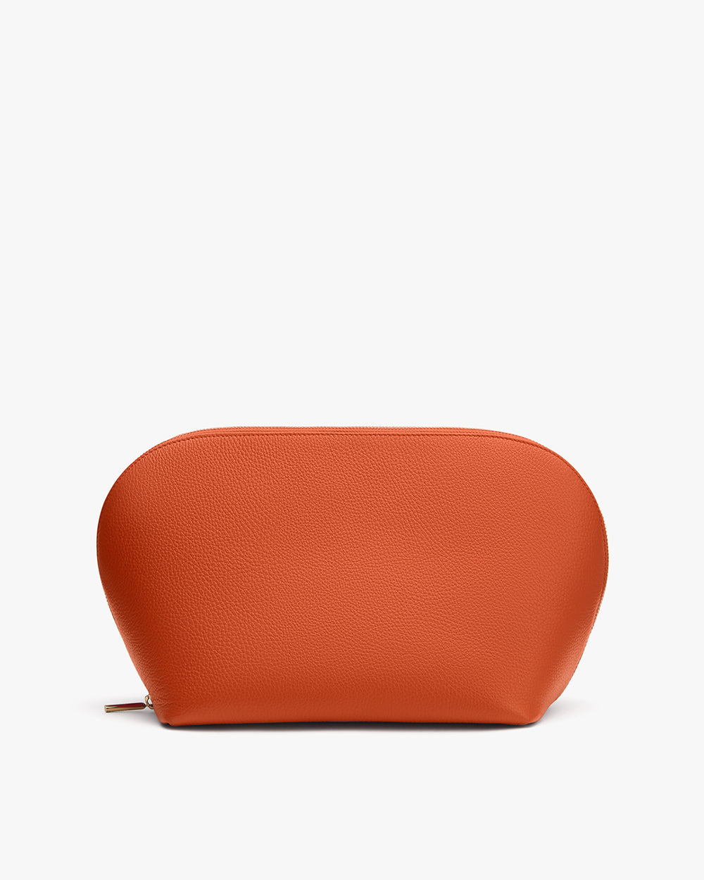 Rounded pouch with zipper on top.