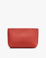 Rectangular leather pouch on plain background.