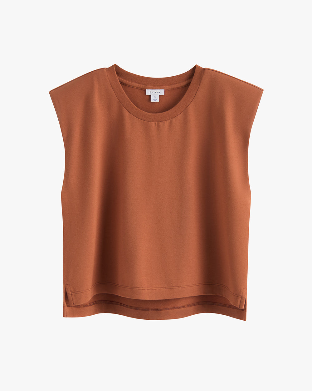 Sleeveless top with a rounded neckline displayed on a white background.