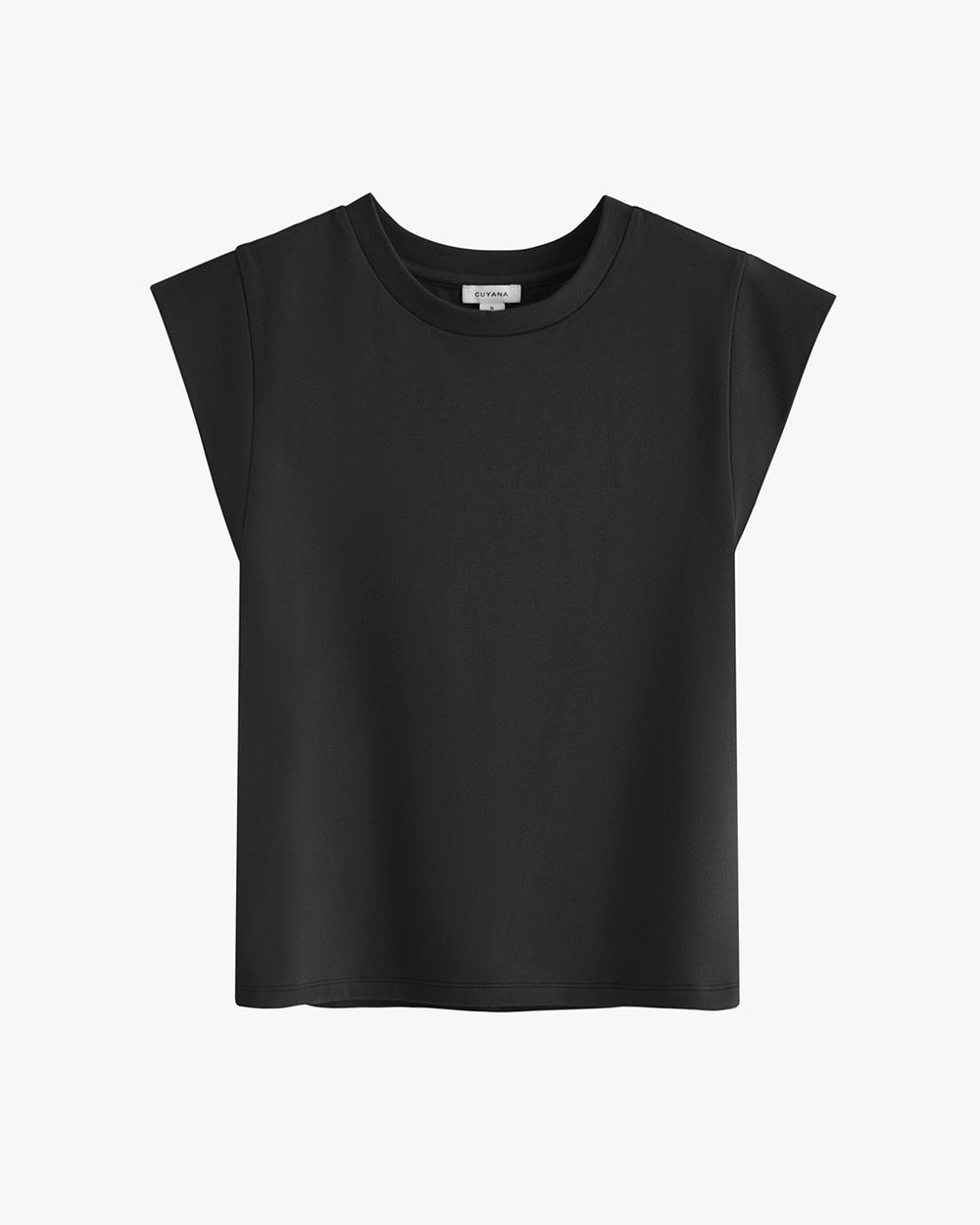 Sleeveless top with round neckline displayed on a white background.