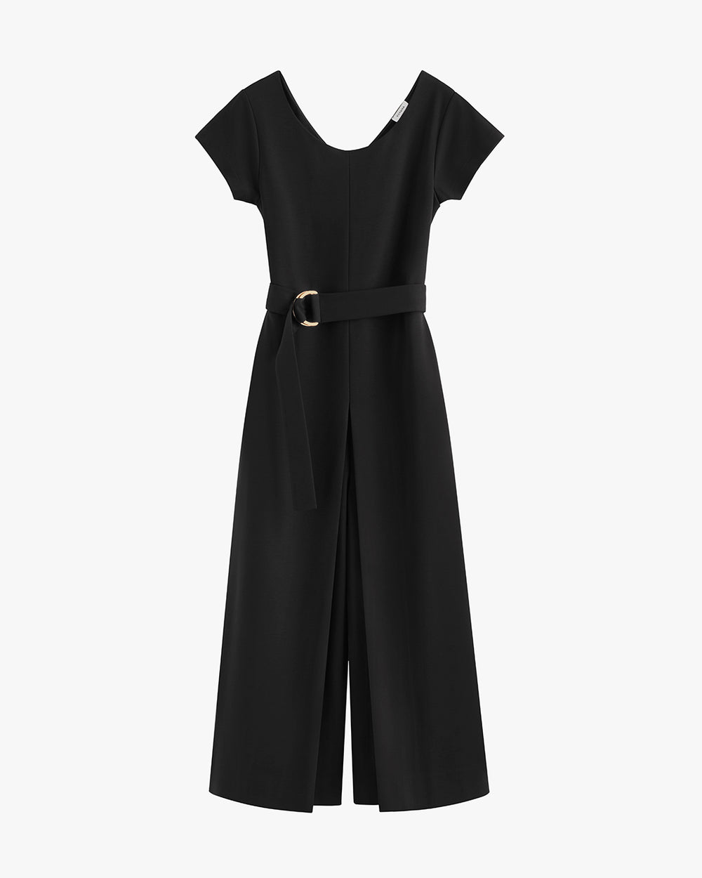 Short-sleeve jumpsuit with a belt and wide legs.