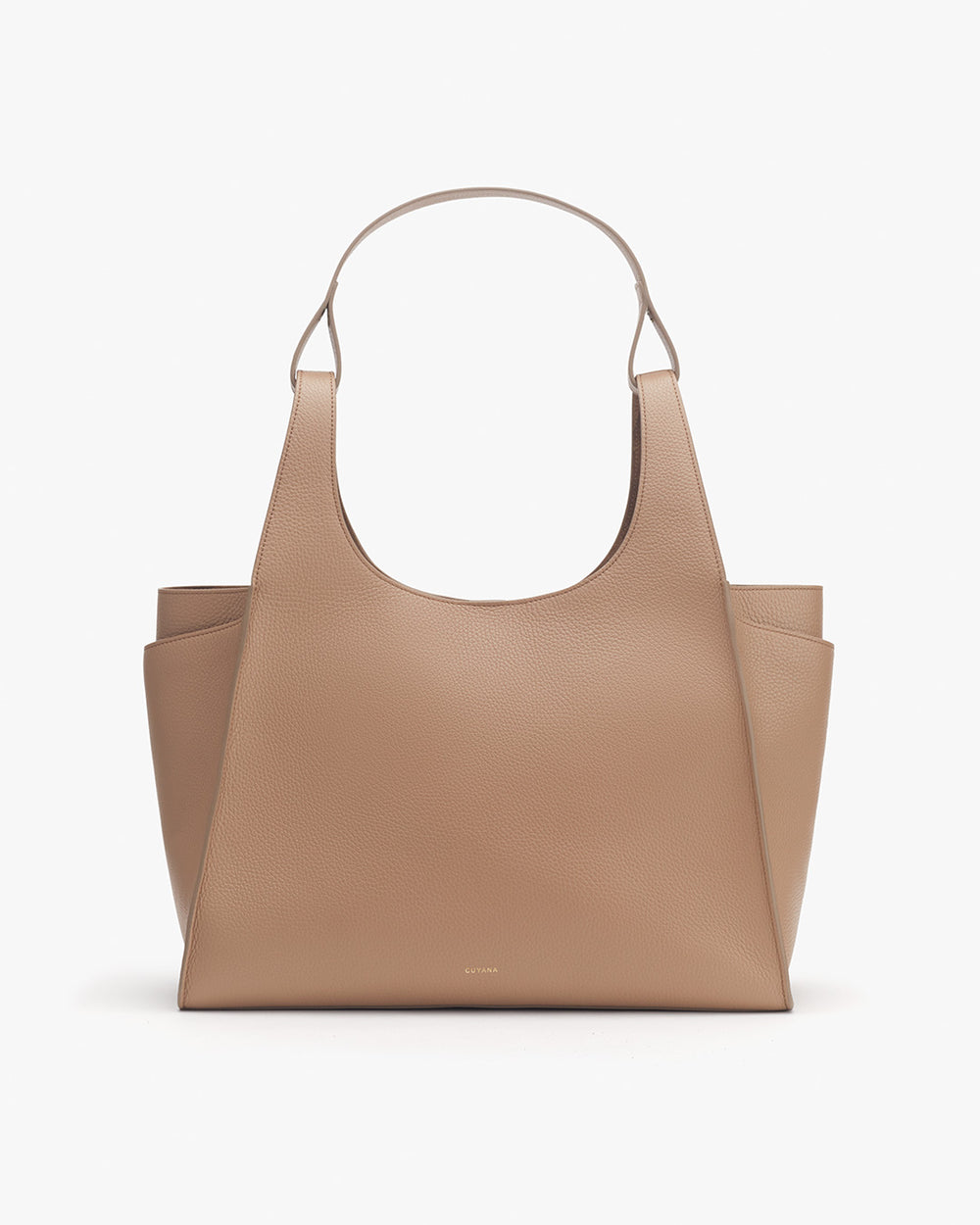 A handbag with a central handle and additional side compartments.