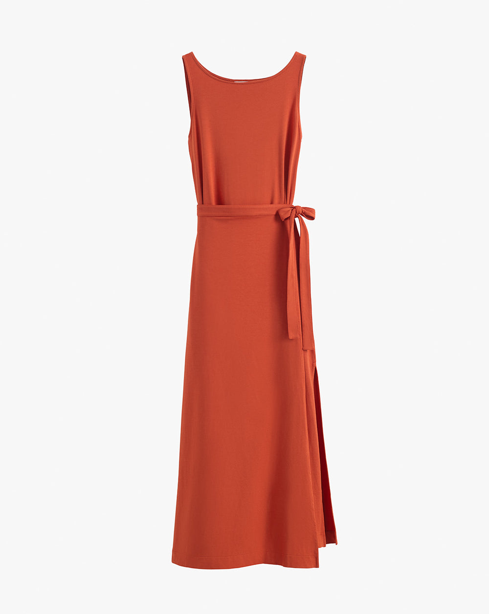 Sleeveless dress with a belt tie at the waist and side slit.