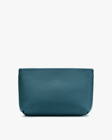 A small, textured leather clutch bag.