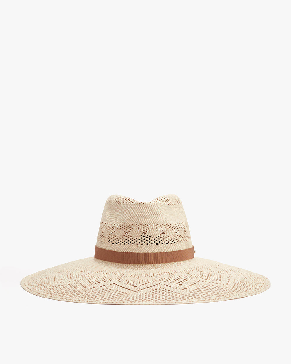 Wide-brimmed hat with perforated pattern and a ribbon band.