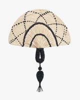 Woven fan with intricate pattern and tassel handle.