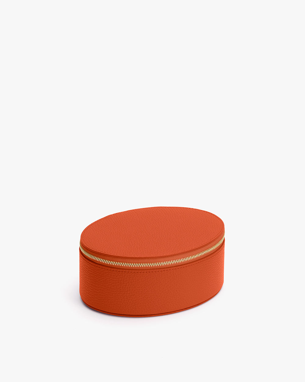 Oval leather case with a zipper on a white background