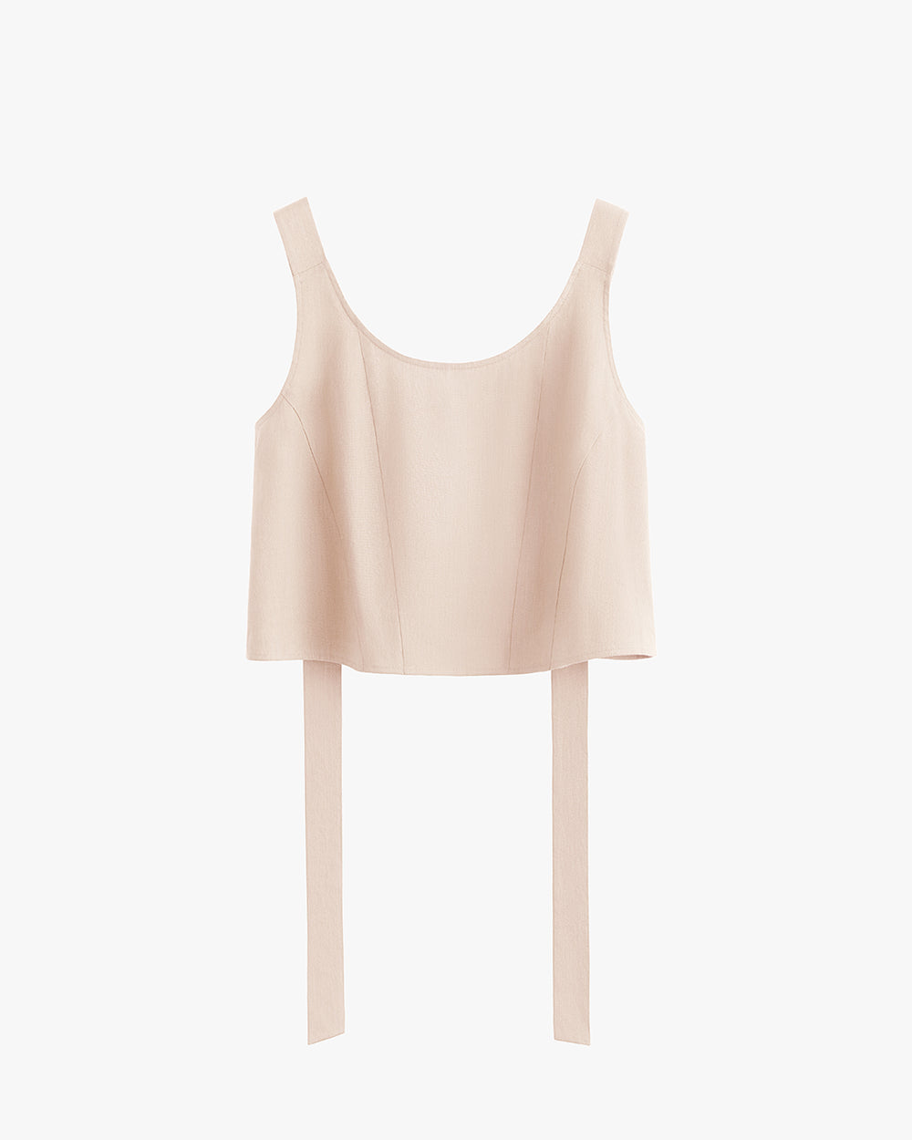 Sleeveless cropped top with overhanging long back straps.