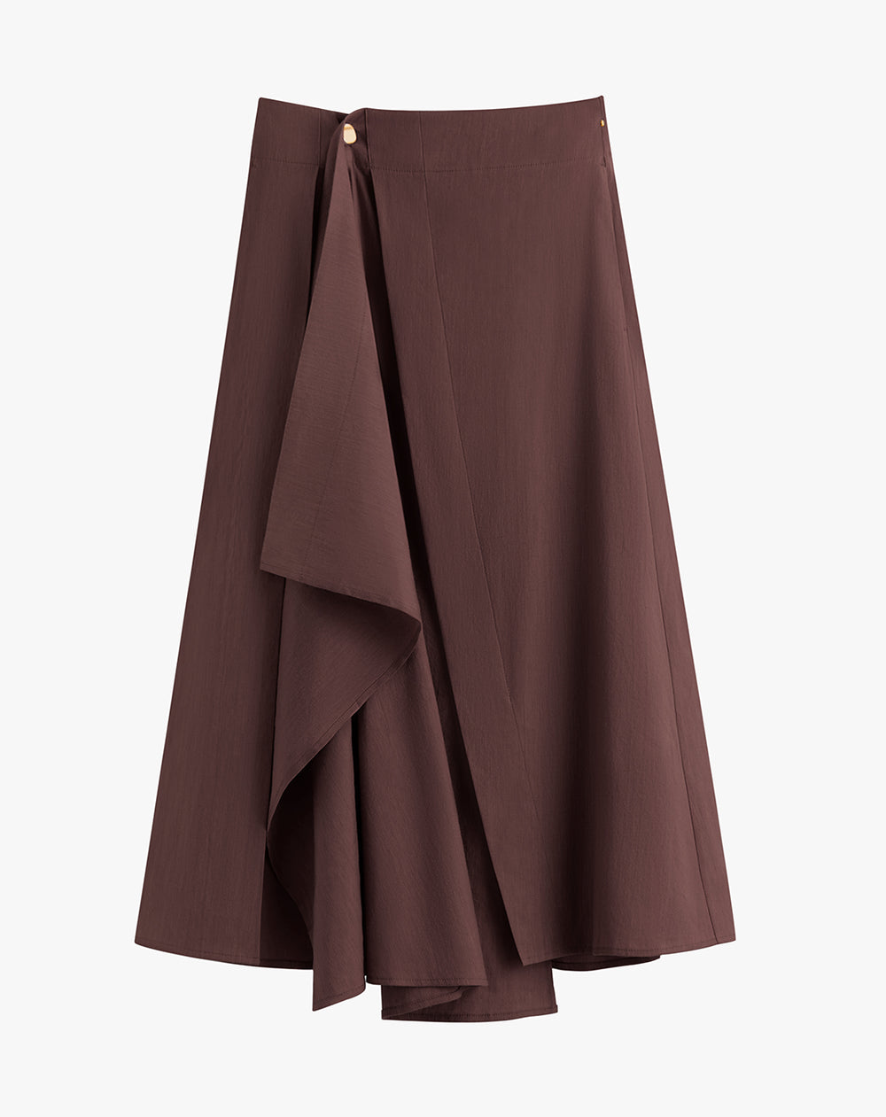 Asymmetrical wrap skirt with draped detail.