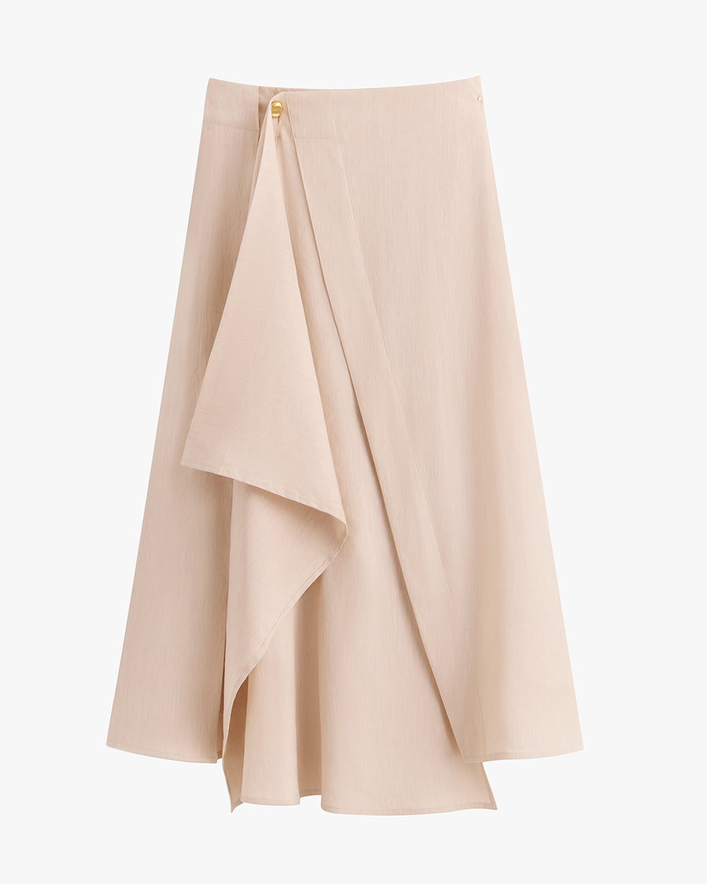 Flowy skirt with asymmetric layered design and small button detail.