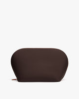 Rounded pouch with a zipper closure.