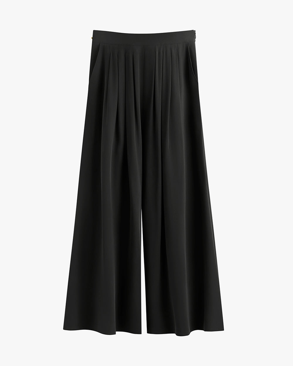 Wide-leg pants with pleats on a plain background.